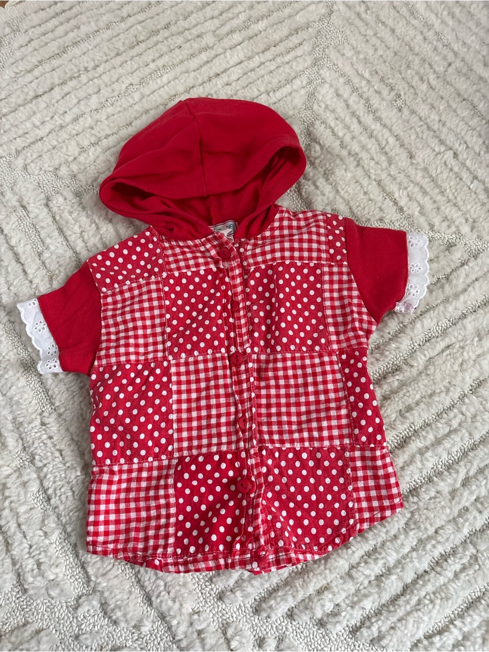 Vintage 90s girls Red Patchwork Polka Dot & Gingham Hooded Top